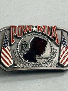 Vintage Belt Buckle Pewter POW MIA Never Forgotten Veterans Military Bergamot US